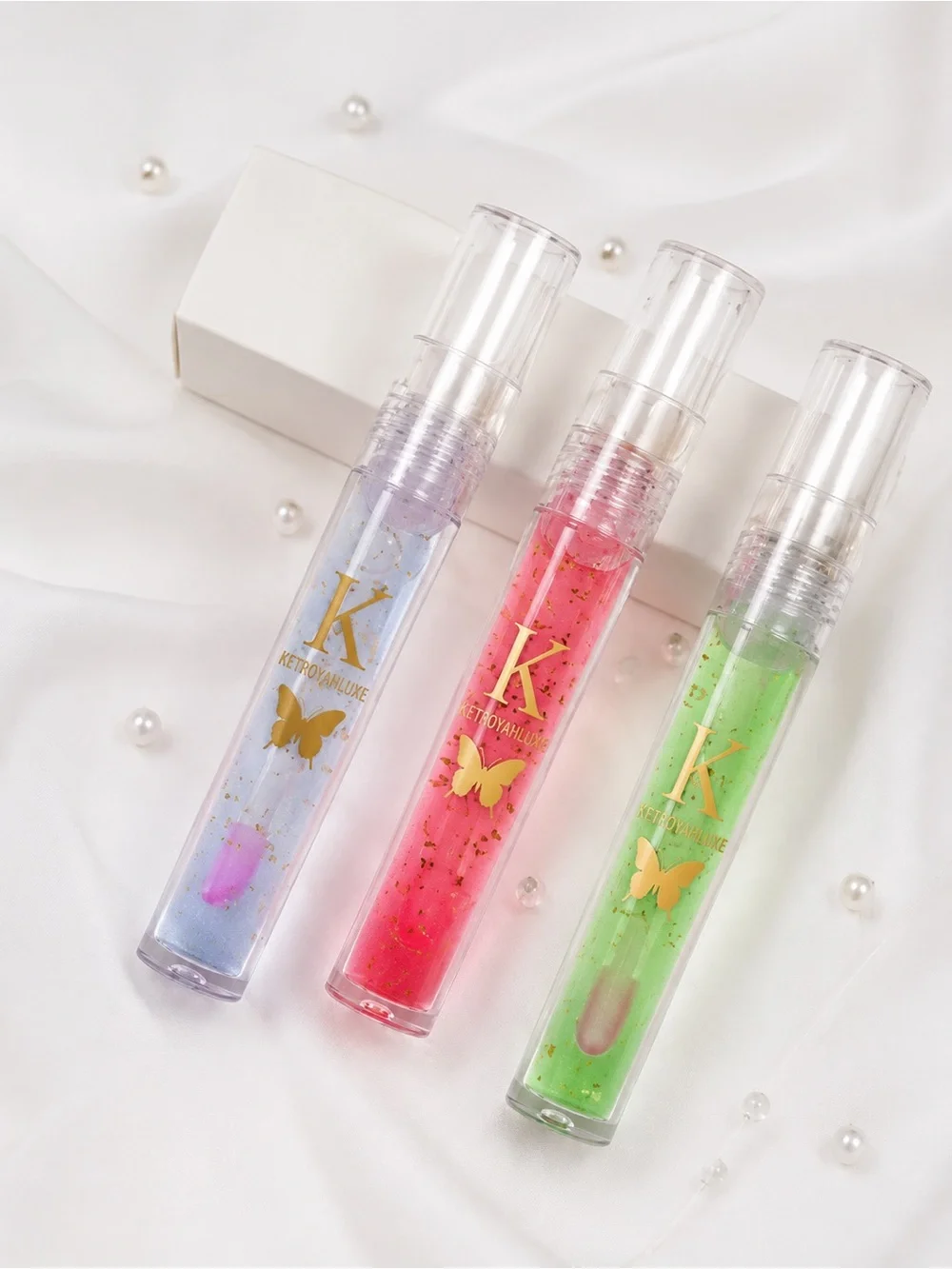 Shimmer Lip Gloss Trio — Pink, Blue & Green with Gold Flakes